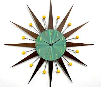 #ad Emerald Yellow Wall Clock 31 Inch Mint Silver Atomic George Nelson Style 1970 $199.00