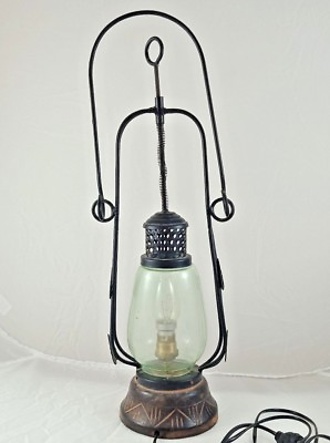 #ad Vintage Old Antique Style Iron Glass amp; Wood Electric Lantern Look Night Lamp $127.13