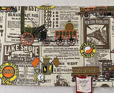#ad 96quot; x 46quot; Trains House n#x27; Home Fabric Craft Railroad Lanterns Newsprint $19.99