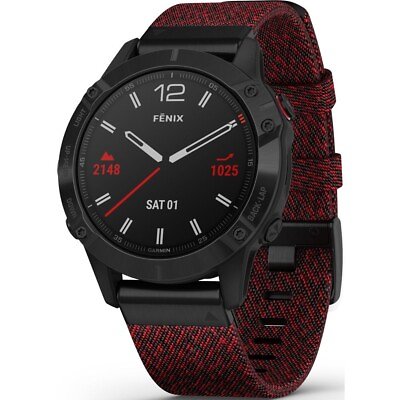 #ad Garmin fenix 6 Multisport GPS Smartwatch Sapphire Carbon Gray Red Nylon Band $395.00