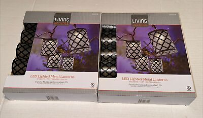 #ad Set Of 2 Living Accents LED Lighted Metal Lanterns String Lights 10 Lights $30.00