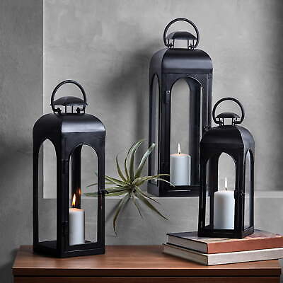 #ad Metal Pillar Candle Holder Lantern With Clear Glass Home Decor Black Medium $28.78