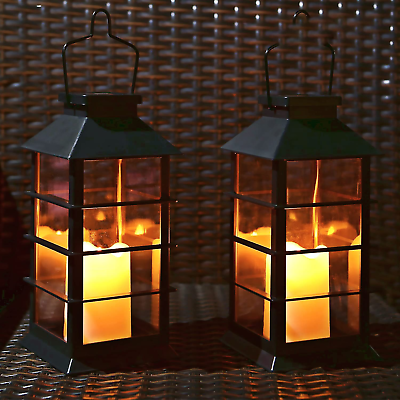 #ad LED Solar Lantern Outdoor Hanging Solar Lights Waterproof Flickering Flame Can $48.56
