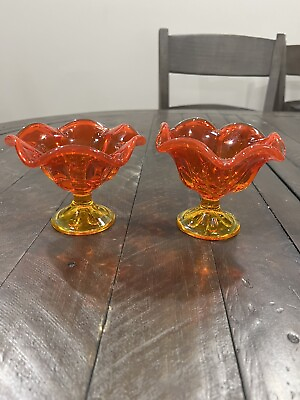 #ad Viking Glass Persimmon Orange Amberina 6 Petal Candle Holders MCM Set Of 2 $29.99