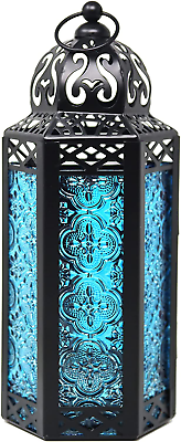 #ad Vela Lanterns Decorative Moroccan Candle Lantern Holder for Decor Blue Glass ... $27.94