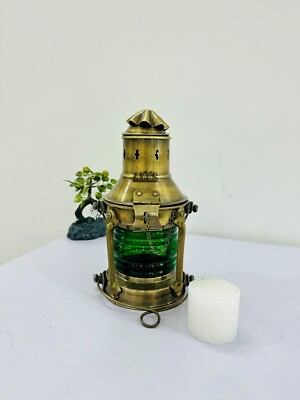 #ad Antique Hanging Candle Lantern With Green Glass Panels Perfect For Home Decor Li $63.75