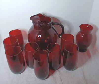 #ad Vtg Anchor Hocking Ruby Red Depression Glass Large Ball Pitcher w 8 glasses Vas $70.00