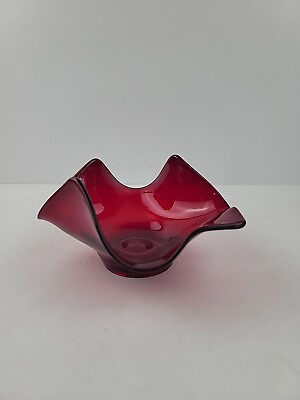 #ad Vintage Viking Glass Ruby Epic Crimped Bonbon Candy Dish MCM Art Glass $29.99