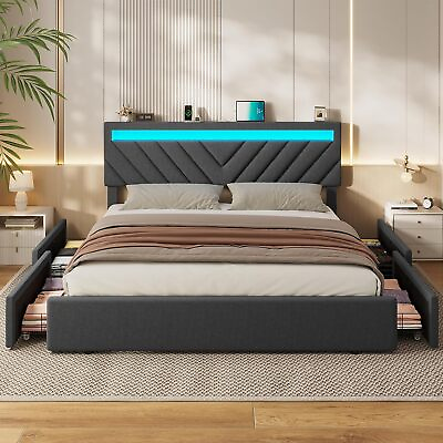 #ad King Size LED Bed Frame with 4 Drawers Platform Upholstered Bed with Storage $239.99