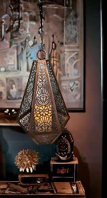 #ad Vintage Hanging Large Candle holder Lantern Metal amp; glass Morrocan Style 16 24quot; $34.99