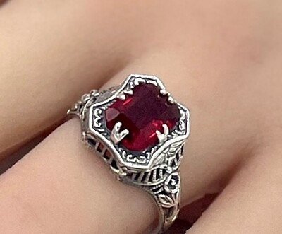 #ad DEEP RED ANTIQUE STYLE 925 STERLING SILVER SIMULATED RUBY FILIGREE RING #1331 $25.00