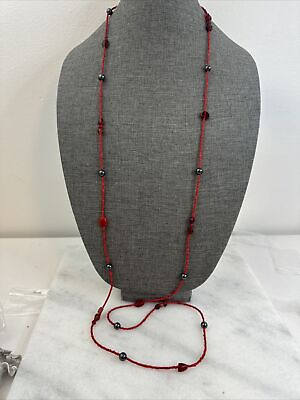 #ad Long Beaded Necklace made with Cherry Red Glass and Black Beads 28” $20.00