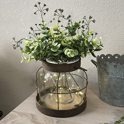 #ad Vintage Glass Farmhouse Vase Rustic Lantern Decor with Plants Flowers Lights Vi $61.39