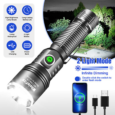 #ad 5000000 Lumen 2Modes LED Flashlight USB Rechargeable Super Bright Dimmable Torch $22.98