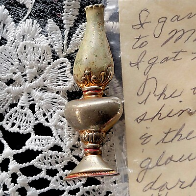 #ad Vtg Oil Lantern Lamp Brooch Pin Gold Tone Metal Estate Find Handwritten Note $25.00