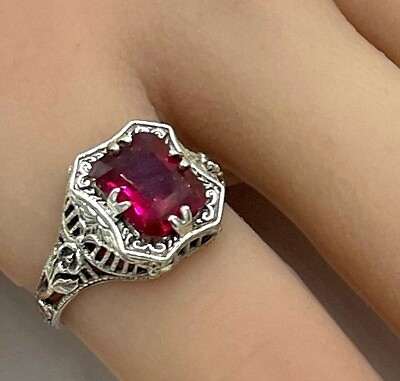 #ad VIVID RED ANTIQUE STYLE 925 STERLING SILVER LAB CREATED RUBY FILIGREE RING 1338 $29.00