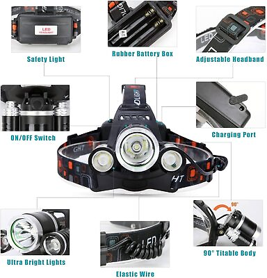 #ad 25000LM LED Headlamp Rechargeable Headlight Zoomable Head Torch Lamp Flashlight $11.28