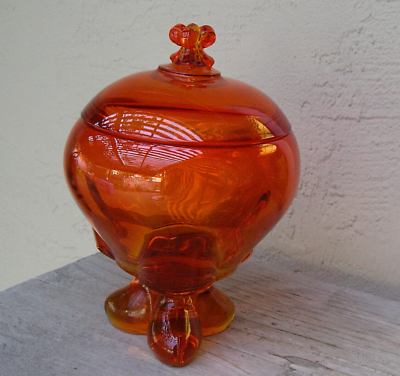 #ad viking glass Epic covered candy dish Persimmon Orange Epic Three Foils footed $64.52