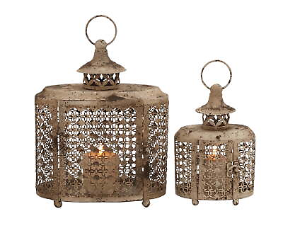 #ad 2 Holder Beige Metal Decorative Candle Lantern with Intricate Scroll Work $34.21