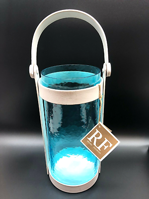 #ad #ad Nautical Hurricane Lantern Candle Holder Aqua Blue Glass White Metal RF India $45.00