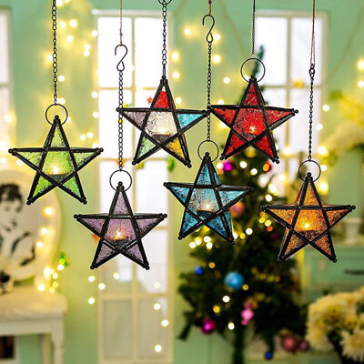 #ad Hanging Glass Metal Star Candle Holder Lantern Home Party Decor $24.99