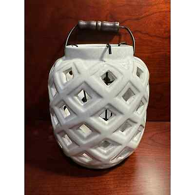 #ad 8quot; White Crackle Lantern Ceramic Tea Light Candle Holder Removable Candle Stand $25.00