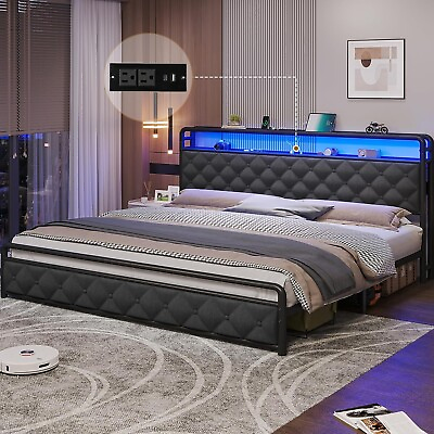 #ad King Bed Frame with LED Lights Metal Platform Bed with 2 Tier Headboard Storage $199.97