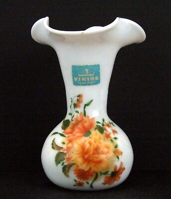 #ad Viking Glass Milk Glass Fluted Vase Original Label Hand Blown $30.00