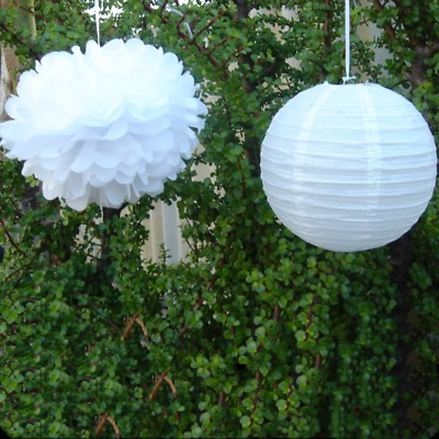 #ad 24x White tissue paper pom poms paper lanterns wedding baby shower hanging decor AU $31.86
