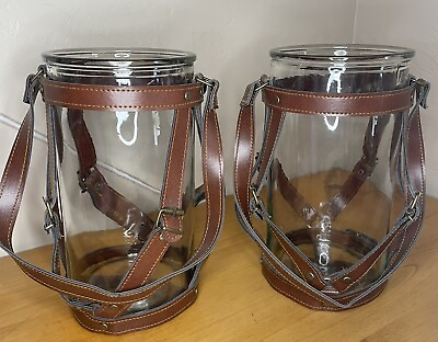 #ad 2 Hurricane Glass Lantern Candle Holder Leather Straps Lantern Holder Glass $100.00