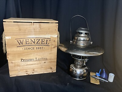 #ad Wenzel Nickel Plated Pressure Kerosene Lantern in Wood Crate #823018 Camping $109.99