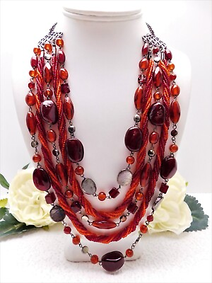 #ad VINTAGE FIVE TIER RED GLASS amp; SEED BEAD FASHION NECKLACE 20quot; $16.00