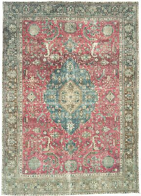 #ad Muted Red Antique Floral Classic 8X11 Distressed Oriental Rug Handmade Carpet $893.47