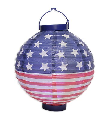 #ad 2 USA Patriotic Flag Lanterns LED Light 8 Inches Diameter NEW Patio Decor Fabric $11.99