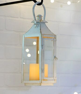 #ad 12quot; Distressed White Metal Candle Lantern Lamp Centerpiece Terrace Home Decor $34.99