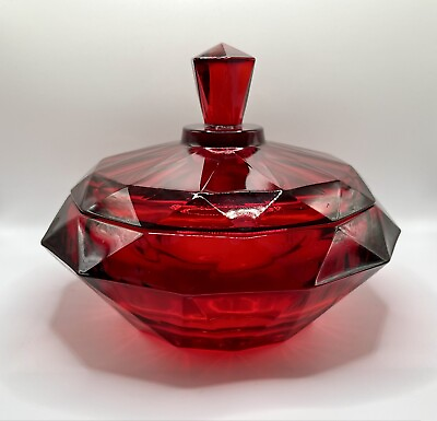 #ad Vintage Viking Glass Epic Diamond Point Ruby Red Amberina Lidded Candy Dish $75.00