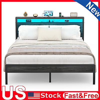 #ad Full Queen King Size LED Bed Frame with Headboard Platform amp; Charging Station US $229.99