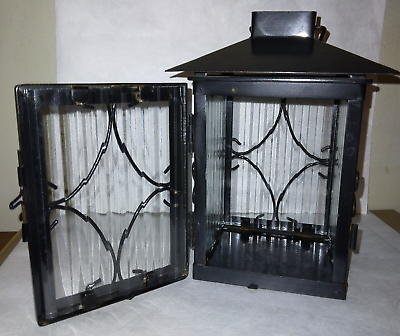 #ad Metal Lantern Beveled Glass Candle Holder Black Hanging Loop or Sits Vintage VTG $17.75