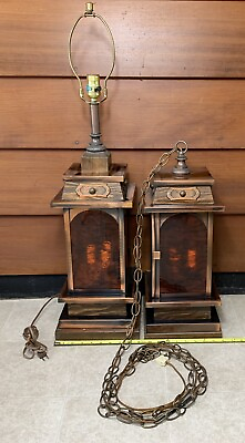 #ad Vintage Set Copper Wooden Lanterns Lamps Hanging Chain Plug in $184.99