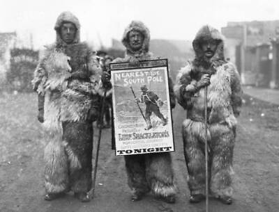 #ad Men arctic suits advertising Shackleton Lantern Lecture which tel 1909 Photo AU $8.50