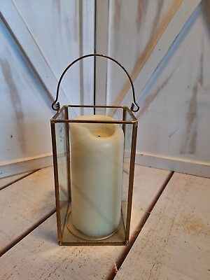 #ad Gold Metal Glass Square Pillar Candle Lantern with Thin Metal Handle 6.5quot;H $18.00