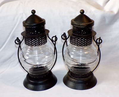 #ad Lot 2 Rustic Hurricane Lantern Lamps Candle Holder Metal Glass Handled 9quot; Black $47.99
