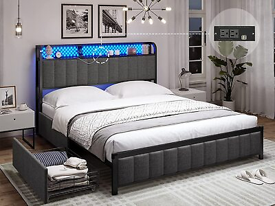 #ad Smart LED Bed Frame with Storage Headboard Upholstered Platform Bed Dark Grey $225.90