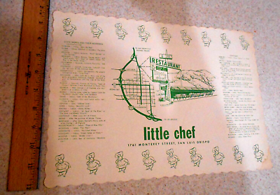 #ad Vintage Little Chef San Luis Obispo Paper Restaurant Placemat 60s Mid Century $18.99