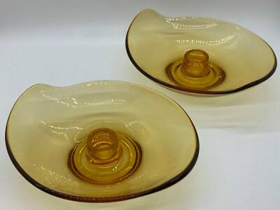 #ad Vintage MCM Viking Glass Amber Epic Candle Bowl Holders set of 2 C4 $23.99