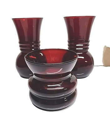 #ad Anchor Hocking Ruby Red Depression Glass Ribbed Flower Vases 3 Pieces 2 lg 1 sm $18.99
