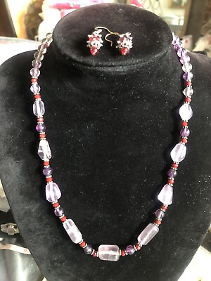 #ad 19” Beaded Amethyst Stone Red Glass Necklace Bonus Earrings $11.50