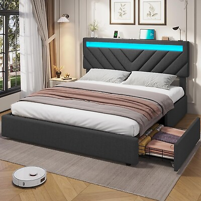 #ad Full Size LED Bed Frame with 4 Drawers Modern Upholstered Platform Bed Frame $209.97