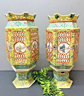 #ad Pair Of Antique Porcelain Chinese Wedding Lanterns Hexagonal 100 Years Old ML $1800.25