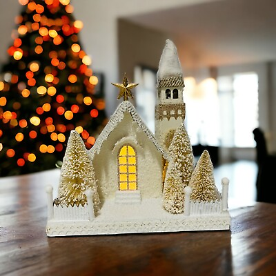 #ad Pier 1 One Christmas White Church Bell Tower Paper Light Up Cottagecore Snow $105.26